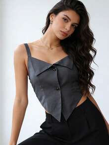 1pc Solid Color Button Asymmetric/Irregular V-Neck Camisole Top, Casual/Office Wear For Summer, Deep Grey Camisole - Dark Grey - View 3
