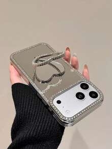 奢华水钻心形化妆镜手机壳，兼容 17 Pro Max/16 Pro/15/14/13/12/11/XR/XS Max/7 Plus/8 Plus/SE 系列，S26 Ultra/S26+/S26/S25 Ultra/S24 Ultra/S23 Ultra 系列，简约防震保护套 - 銀色 - 查看 1