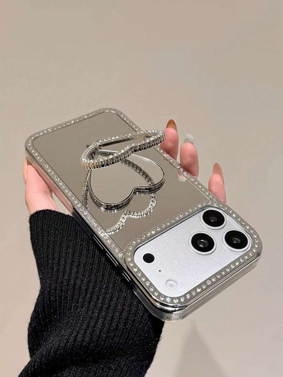 奢华水钻心形化妆镜手机壳，兼容 17 Pro Max/16 Pro/15/14/13/12/11/XR/XS Max/7 Plus/8 Plus/SE 系列，S26 Ultra/S26+/S26/S25 Ultra/S24 Ultra/S23 Ultra 系列，简约防震保护套 - 銀色 - 查看 1