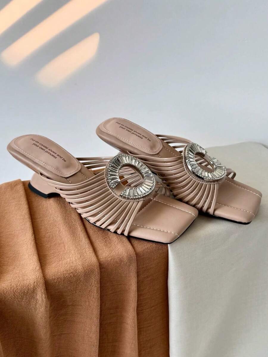 Sandalias tipo slide de lujo estilo resort francés para mujer, de tiras finas tejidas, punta abierta y hebilla redonda - Albaricoque - Ver 1