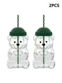 1/2/3/4/5/10 cái, 15CM*9CM/5.9IN*3.54IN, Cốc hút ống hình gấu dễ thương, Cốc hút ống gấu Teddy, Cốc gấu có nắp, Chất liệu nhựa, Phù hợp sử dụng hàng ngày và đi ra ngoài, Có thể chứa nước trái cây, đồ uống lạnh, sữa, cà phê - màu xanh lá - Xem 11