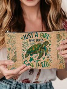 1pc "Just A Girl Who Loves Turtles" Printed Makeup Bag, Modern Style Polyester Lightweight Travel Organizer - Multicolor - View 2