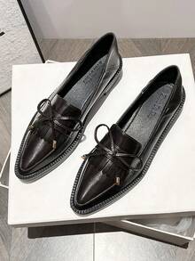 Brown Pointed Toe Thick Sole Slip-On Loafers, Vintage Fringe British Style Small Leather Shoes, Soft Slouchy Commuter Shoes, Large Size Women's Shoes 34-42, Soft Bottom Work Shoes, Preppy School Style Suitable For Spring, Summer, Autumn And Winter - Brown - View 2