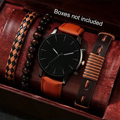 Men's Watch, 1 Set, Sporty And Casual, Round Roman Numeral Dial Quartz Watch, Comes With A Leather Strap Set, Suitable For Everyday Wear, Birthday Gifts, Back-To-School Season, Thanksgiving, And Romantic Occasions The Perfect Gift (Box Not Included)