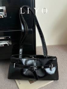 Women's Belt Buckle Shoulder Bag, Glossy Oil Leather Crossbody Bag, Versatile Underarm Bag For Commuting - Black - View 2