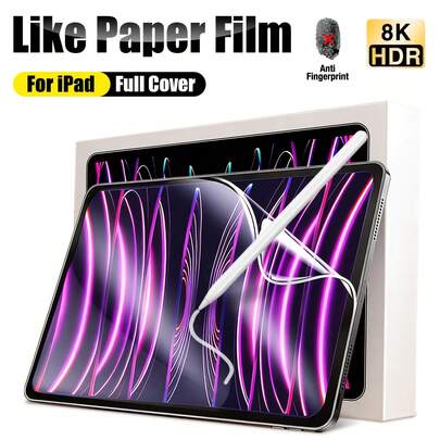 1片装平板电脑屏幕保护膜，曲面边缘设计，防刮防摔，全屏覆盖，强效防指纹，触控灵敏，采用柔软薄膜材质（非玻璃），哑光纸质感，适用于第12代（2026）、第11代（2025）、A16、第10代（10.9英寸）、Air 8（13英寸）、Air 8（11英寸）、Air 13、11、M4、M3、M2（2025/2024）、Pro（12.9英寸）和Mini（2024）平板电脑。适合平板电脑书写和绘画，提供真实的书写体验。
