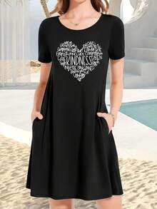 European And American Spring/Summer Round-Neck Loose-Fitting Casual Short-Sleeve Pocket T-Shirt Dress With Fashionable Heart-Shaped English Letter Print - 黑色 - 查看 6