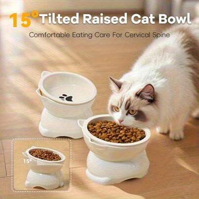 1pc Tilted Cat Bowl Set With Removable Ceramic Food & Water Bowls | Cute Cat-Ear Design, Anti-Vomiting, No Spill, Pet Neck Protection & Whisker Friendly | Suitable For Cats & Dogs