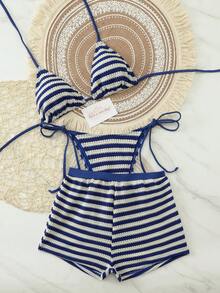 Bộ bikini 3 mảnh gợi cảm mới năm 2026 dành cho nữ, chất liệu vải kẻ sọc phối màu, thích hợp cho mùa xuân/hè đi biển, hồ bơi, tiệc tùng, hẹn hò và nghỉ dưỡng. - Xanh và trắng - Xem 2