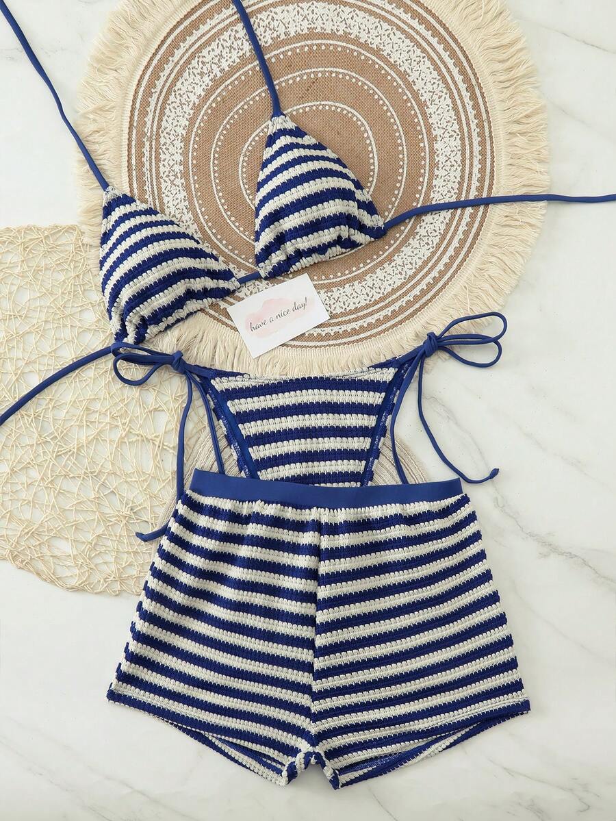 Bộ bikini 3 mảnh gợi cảm mới năm 2026 dành cho nữ, chất liệu vải kẻ sọc phối màu, thích hợp cho mùa xuân/hè đi biển, hồ bơi, tiệc tùng, hẹn hò và nghỉ dưỡng.