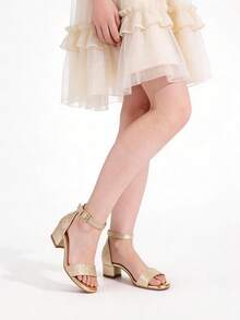 Đầm Dự Tiệc Ngoài Trời Mùa Hè Phù Hợp Với Màu Vàng Cổ Điển Thời Trang Lấp Lánh Mắt Cá Chân Dây Quai Cao Gót Cho Trẻ Em - Vàng - Xem 2