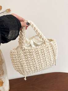 可爱棉绳编织手提包，简约草编托特包，度假风沙滩包，独特女童包 - 白色 - 查看 5