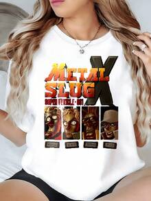Gráficos coloridos que evocan fuerza valentía y aventura con letras metálicas y retratos artísticos que inspiran energía urbana camiseta de mujer cómoda casual 220g - Blanco - Ver 8
