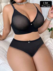 Große Größen Damen BH-Set, weicher & bequemer Unterbügel-BH und Slip Set - Schwarz - Übersicht 2