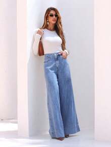 Manon Store Women's Dark Blue High-Waisted Wide-Leg Jeans - 淺色水洗藍 - 查看 6