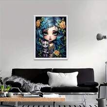 1 pièce Peinture de diamant DIY 2D Fille aux cheveux bleus avec chat, personnage de dessin animé animal floral avec forage complet, parfait pour les cadeaux de vacances - Voir 6