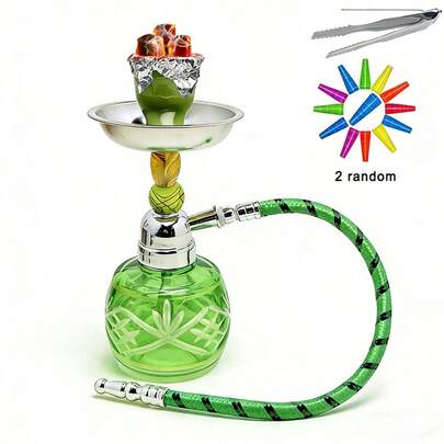 6.9-Inch Mini Hookah Kit And Accessories - Portable Glass Hookah Kit Including Hookah Bottle, Pipe, Charcoal Tray And Tongs - Perfect For Personal Use And Travel, Includes 2 Random Hookah Mouthpieces