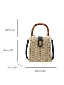Summer Holiday Handmade Woven Bag, Straw Bamboo Handle Tote Bag For Women, Gift Box Set, Crossbody Bag, Souvenir Gift - Beige - View 11