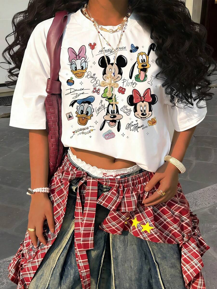 Disney Y2K Style Classic Characters Group Photo Signature Short Sleeve T-Shirt - 白色 - 查看 1