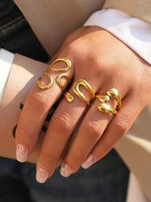 3pcs/1pc Geometric Open Stainless Steel Plated Premium Ring With A Minimalist Design With Lines And Squares For Everyday Wear And Ladies' Parties - Multicolor - View 3