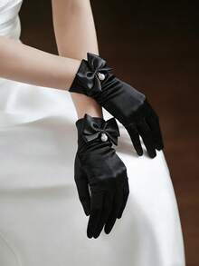 1 par de guantes de novia de satén blanco, decorados con un lazo de perlas falsas y cristales, adecuados para bodas elegantes, ópera, fiestas de té, verano, playa - Multicolor - Ver 6