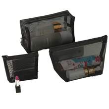 3pcs/Set Nylon Mesh Cosmetic Bag, Transparent Black Mesh Toiletry Bag, Hollow Net Pouch - Black - View 1