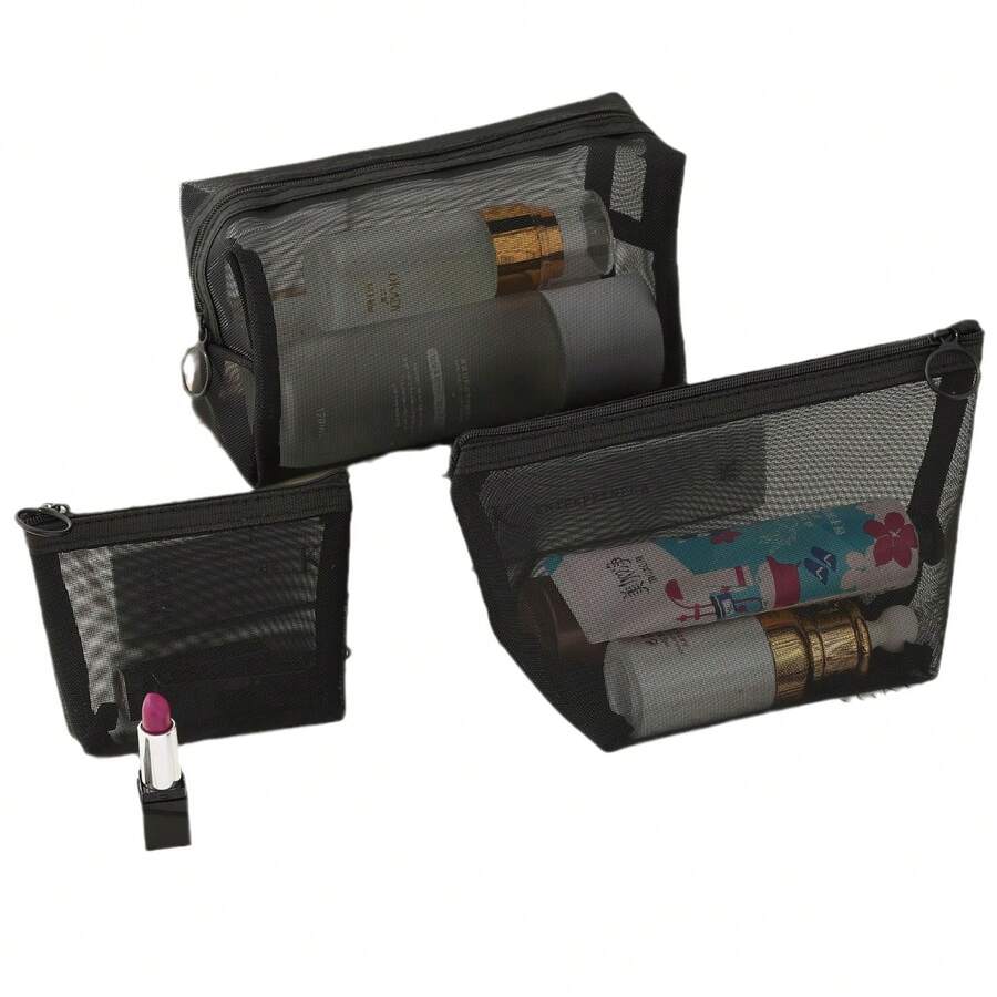 3pcs/Set Nylon Mesh Cosmetic Bag, Transparent Black Mesh Toiletry Bag, Hollow Net Pouch - Black - View 1