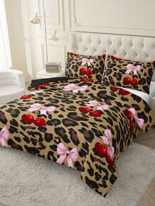 3pcs Leopard Print Cherry Blossom Duvet Cover Set (1 Duvet Cover + 2 Pillow Shams, Without Comforter And Pillows), Bow Print Bedding Set, Girly Bow Print Bedding, Soft & Skin-Friendly - Multicolor - View 7