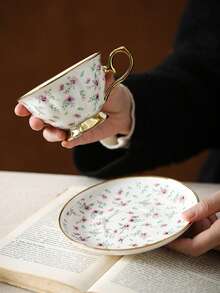 一套欧式金边花卉陶瓷咖啡杯碟套装，奢华家居下午茶杯，拉花咖啡杯，优雅下午茶杯碟套装，适用于家庭、办公室、咖啡馆，感恩节、情人节、母亲节、节日礼物 - 彩色 - 查看 4