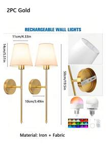 2 đèn treo tường chạy bằng pin màu vàng, đèn LED treo tường sạc lại được với chao đèn bằng vải, đèn treo tường không dây cho phòng ngủ và đầu giường. - Một cỡ - Xem 11