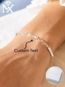 A Personalised Name Bracelet, Minimalist Style, Featuring An Engraved Pendant Paired With An Elegant Paperclip Chain. Capable Of Engraving 1-3 English Names, This Bespoke, Understated Bracelet Makes An Ideal Mother's Day Gift. - Silver - View 2