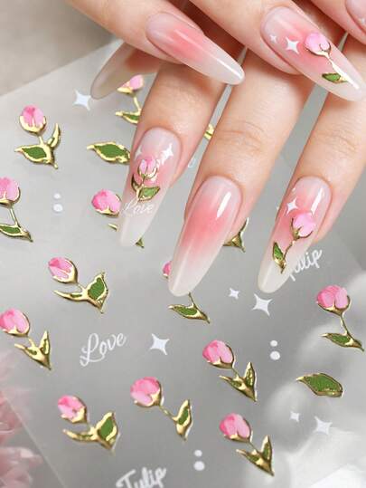 1Sheets 5D Embossed Tulip Nail Art Stickers,1pc Pink Floral Gold Leaf Nail Decals With Love Lettering Self-Adhesive DIY Manicure Decorations For Women & Girls Romantic Floral Nail Decor For Daily Wear, Party, And Gift