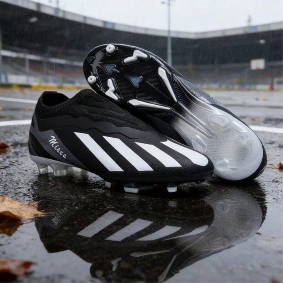1 Pair Men's Soccer Cleats, Low-Top Outdoor Team Sports Shoes, Adult & Youth Sizes, AG Long Studs For FG Soft Ground & Natural Grass, Lace-Up Leather Football/Soccer Shoes - Black - View 1