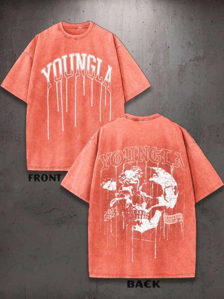 Men's Retro Washed T-Shirt | YLA Dripping Skull Design | A Perfect Gift For Men Or Boyfriends | 100% Cotton | 230g Thick Fabric | Unisex - 亮橙色 - 查看 1