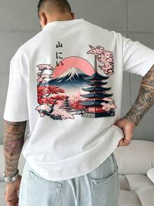 Zrgoth 男士春夏休闲户外运动街头时尚山川樱花印花短袖T恤，百搭 - 白色 - 查看 2