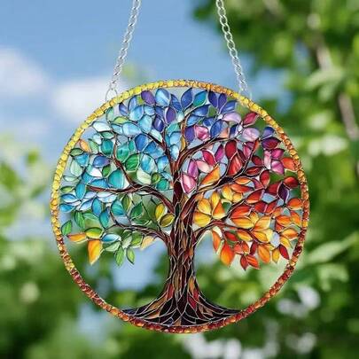 彩色亚克力智能树形光捕捉器，圆形带链，可作墙面/窗户/门饰