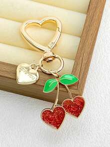 1pc Cute Heart-Shaped Cherry Keychain Pendant, Metal Double Heart Keychain, Girl Bag Charm - Multicolor - View 11