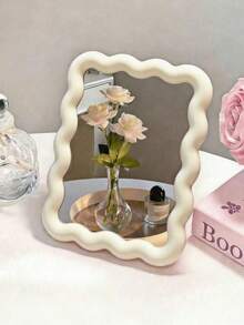 Cute Cream-Colored Wavy Design Makeup Mirror, Dopamine Desktop Portable Mirror, Can Be Placed On Table Or Hung On Wall, Suitable For Bedroom, Travel, Student Dorm, Vanity, Office Small Mirror - Multicolor - View 3