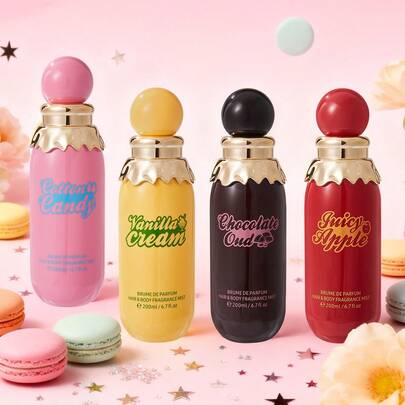 持久留香的无香型香氛液，包含香草、奶油、苹果和巧克力四种香型喷雾。它具有清新舒缓空气、提升香气、消除异味和改善空气质量的功效。这是一款高品质香氛空气清新剂，采用不刺激、便于携带的特色香型。