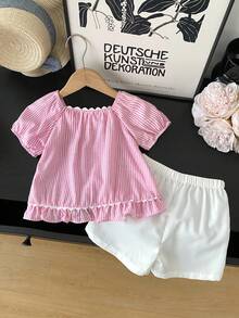 2pcs/Set Girls Striped Petal Sleeve Blouse And Shorts Set, Summer - Pink - View 2