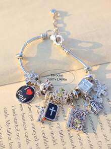 1件耶稣十字架宗教手链，圣经十字架DIY手链，宗教心形樱花手链，十字架天使心形手链 - 銀色 - 查看 8