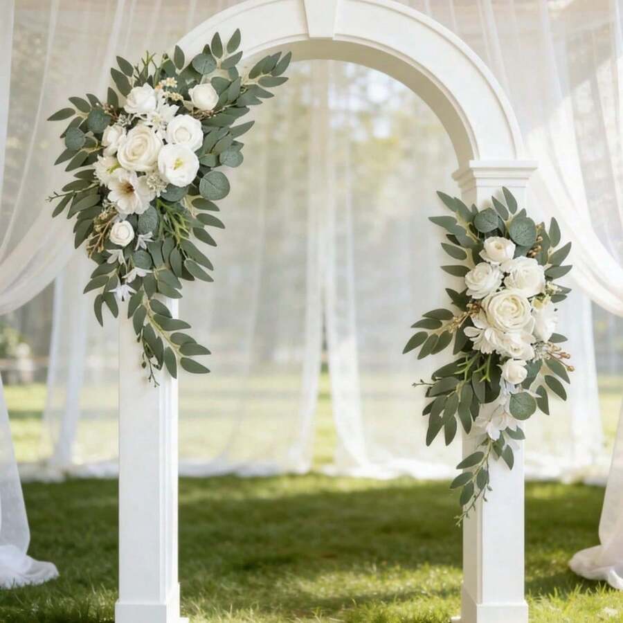 2件白色人造花卉拱门装饰，带绿植，婚礼拱门背景花艺，适用于仪式、新娘送礼会、订婚派对、招待会和拍照区装饰 - Colored - 查看 1