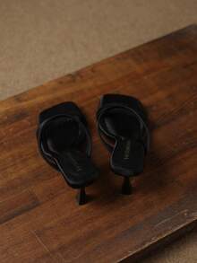 2026 Summer New Women's High Heel Slippers, Fashion Office Casual Party French Style Solid Color Square Toe Thin Heel Elegant Sandals, Suitable For Dresses - Black - View 5