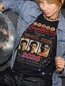 Brazil 2026 Show T-Shirt,  Festival Fan, Joe, Nick, Kevin, Streetwear, Fashion, Oversized Black Blouse, Band, Music Festival, Show - 黑色 - 查看 2