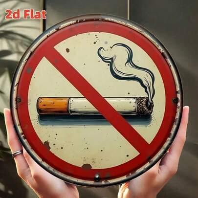 2D平面复古禁烟标志 - 19.79x19.79厘米铝金属墙饰，经久耐用，室内/室外装饰标牌，适用于医院、学校、餐厅和办公室，健康礼品和无烟装饰，适合房间装饰，2D平面，随机孔型