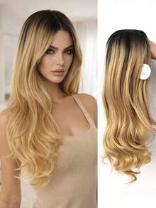 Tóc giả xoăn vàng ombre 22 inch có mái, tóc giả tổng hợp xoăn vàng ombre, kiểu dáng tự nhiên, phù hợp để đội hàng ngày cho phụ nữ. - Tóc vàng ombre - Xem 10