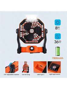 Ventilador portátil para camping con luces LED, ventilador recargable para exteriores, con múltiples velocidades / 3 niveles de brillo / cabezal oscilante / gancho, ventilador alimentado por batería para camping, tienda de campaña, camping - multicolor - Ver 10