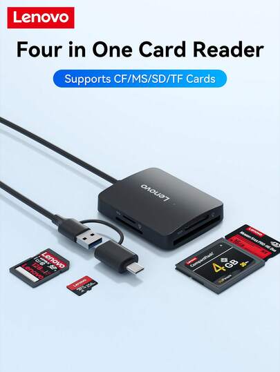  Lenovo 4-In-1 Multi-Card Reader, Supports CF/MS/SD/TF Memory Cards, High-Speed USB 3.0 Interface, Driver-Free Plug And Play, Multi-System Compatible For Easy Photo And Data Management.