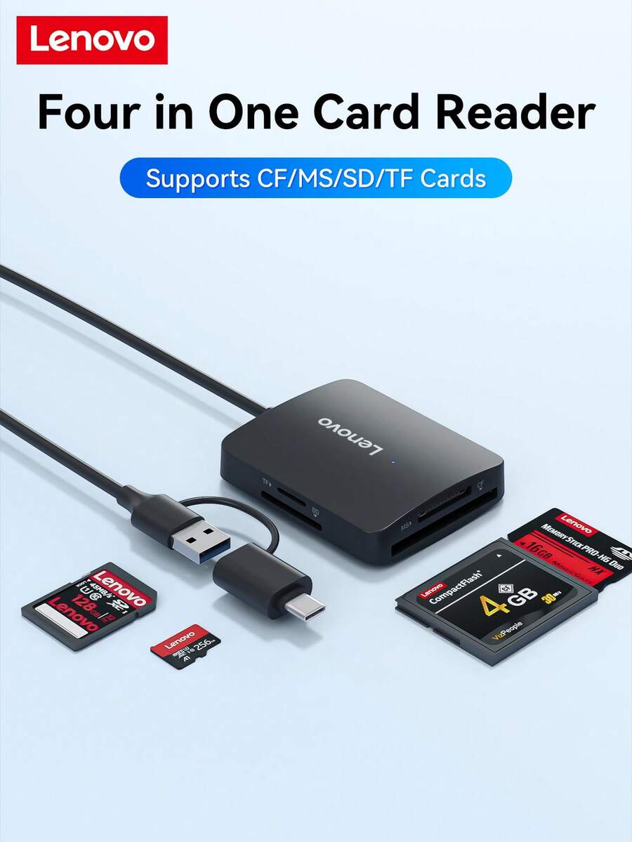 Lenovo 联想 4 合 1 多功能读卡器，支持 CF/MS/SD/TF 存储卡，高速 USB 3.0 接口，免驱动即插即用，兼容多种系统，方便照片和数据管理。 - 查看 1