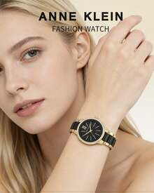 Anne Klein Đồng hồ nữ thạch anh, đồng hồ dây đeo bằng nhựa, đồng hồ gốm mặt số khảm xà cừ kiểu dáng thường ngày. - Đen và vàng - Xem 4